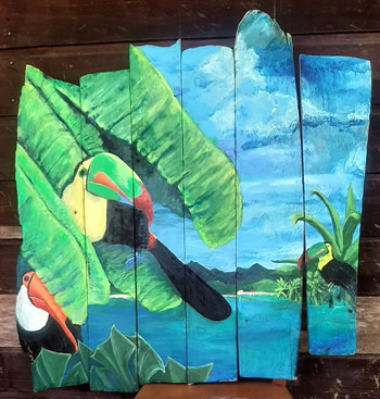 Driftwood Painting, Fiesta de Tucanes  | Island Art Bocas